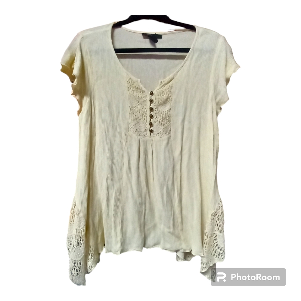 Style & Co Bohemian Large Tan Short Sleeve Blouse Crochet Lace